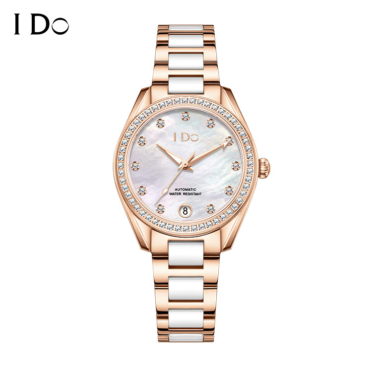【IDO】IDO809M 氣質 鏤空 晶鑽錶圈 夜光 帶日期 機械 不鏽鋼精鋼 +陶瓷錶帶 女款 手錶