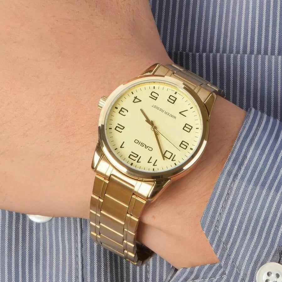 萬年鐘錶 - CASIO 卡西歐 復古金色簡約數字款男錶 MTP-V001G-9B  錶徑38MM