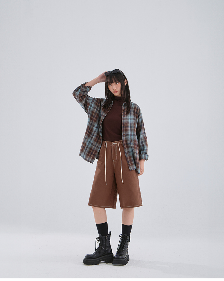 Neutral checkered woolen long-sleeved shirt (two colors available)【01025650】in stock+pre-order