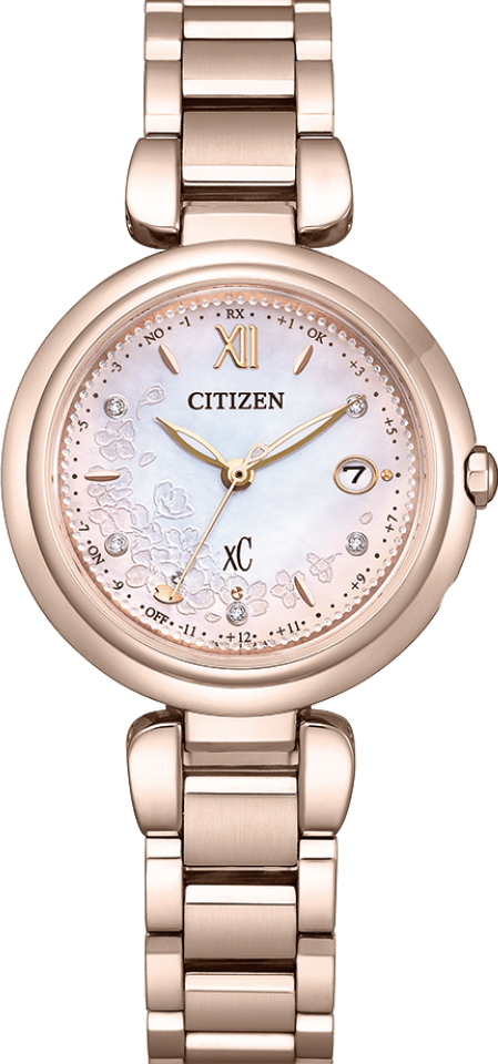 萬年鐘錶 - Citizen 星辰錶  XC  限量光動能電波櫻花粉紅金鈦金屬女錶  ES9467-89N  錶徑29MM