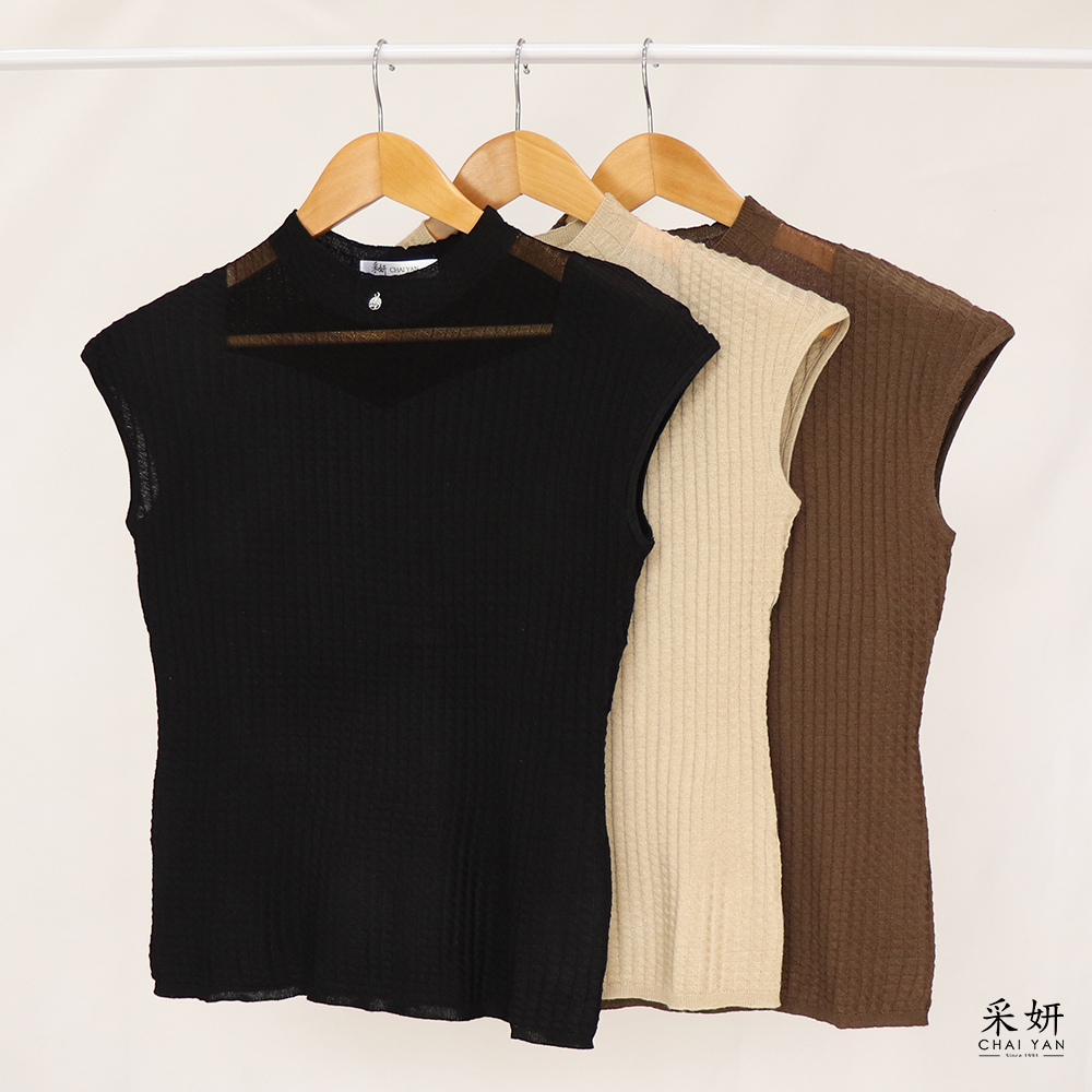 無肩線領口半透針織中高領短袖上衣