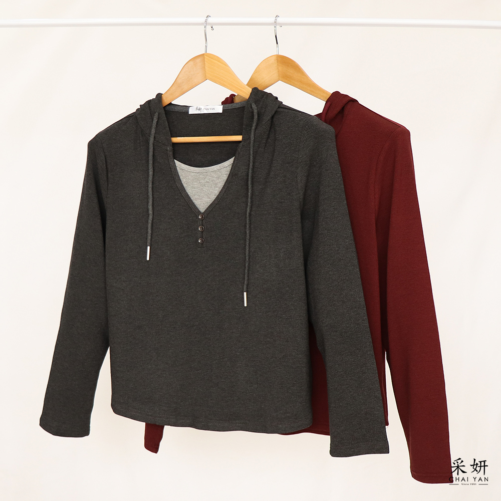 跳色假兩件抽繩連帽長袖上衣