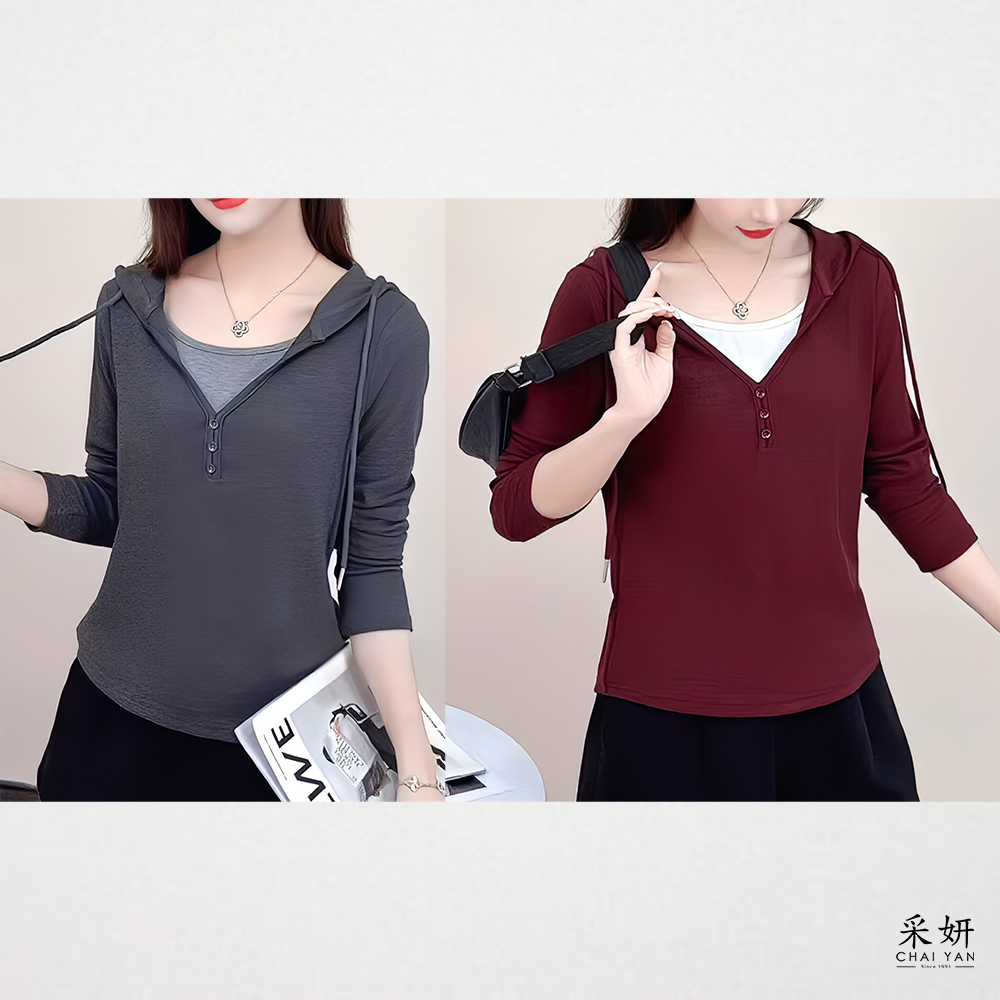 跳色假兩件抽繩連帽長袖上衣