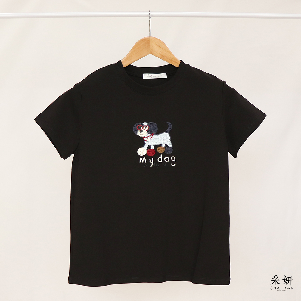 狗狗字母刺繡圓領短袖上衣