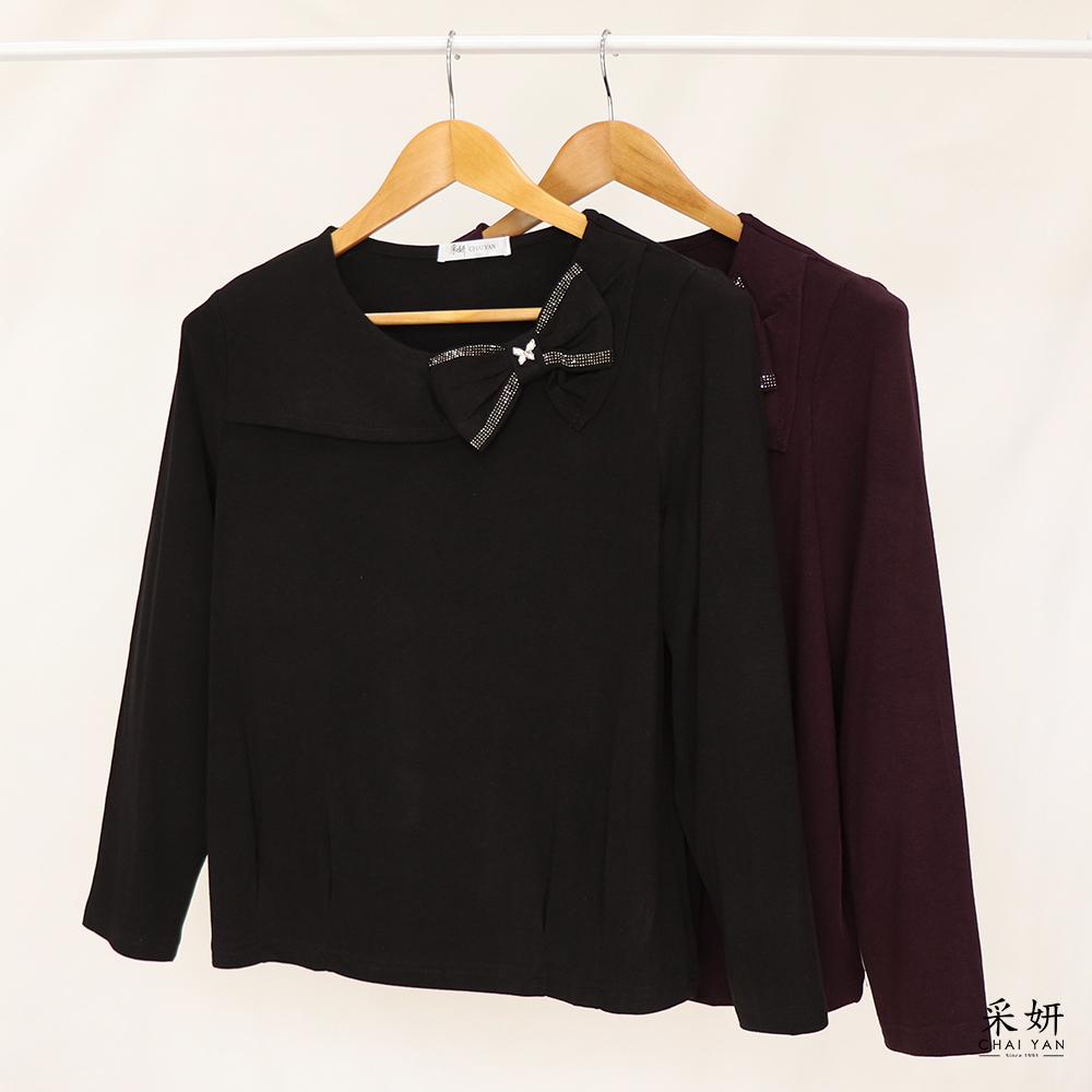 金屬蝴蝶水鑽蝴蝶結圓領長袖上衣