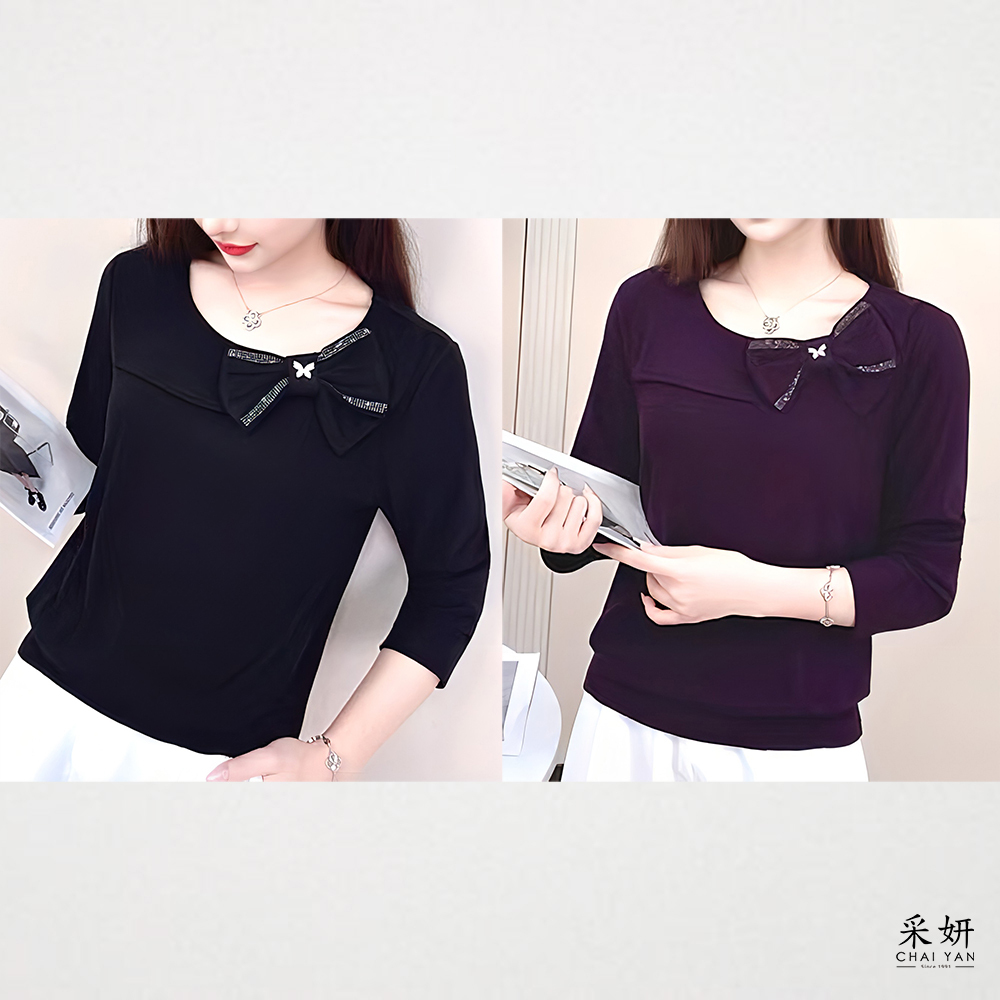 金屬蝴蝶水鑽蝴蝶結圓領長袖上衣