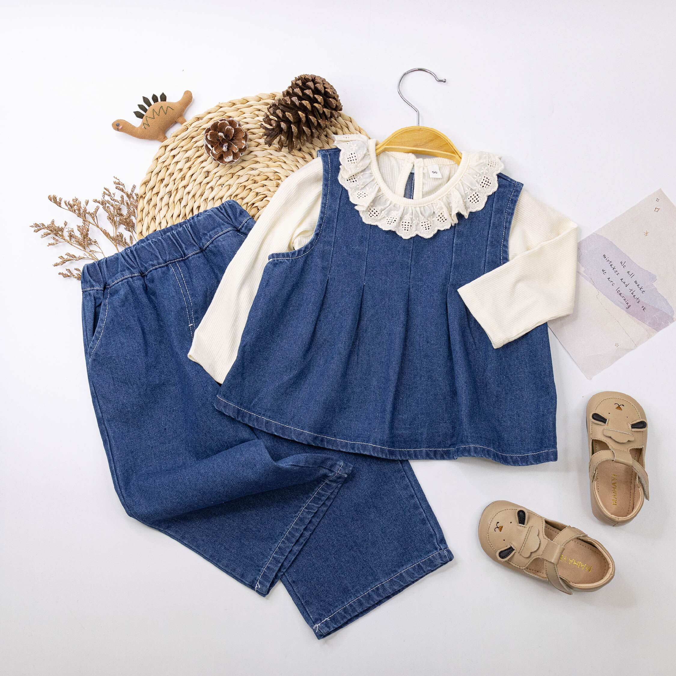 【H55428】韓系質感單寧三件式套裝(附蘑菇項鍊)