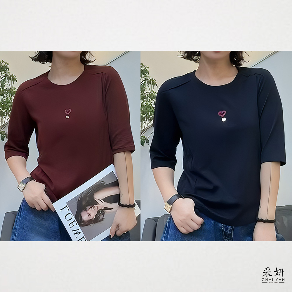愛心刺繡小綴飾圓領半袖上衣