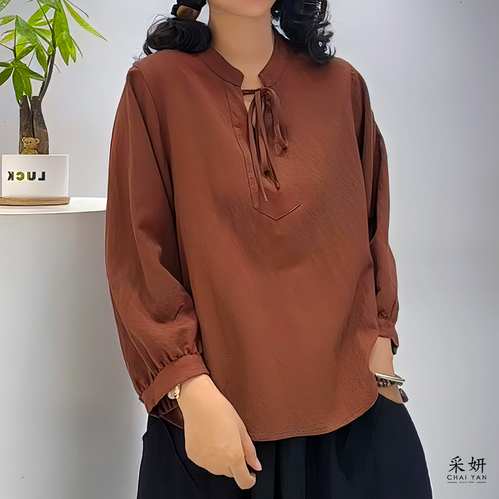 素色綁帶小V領九分袖上衣