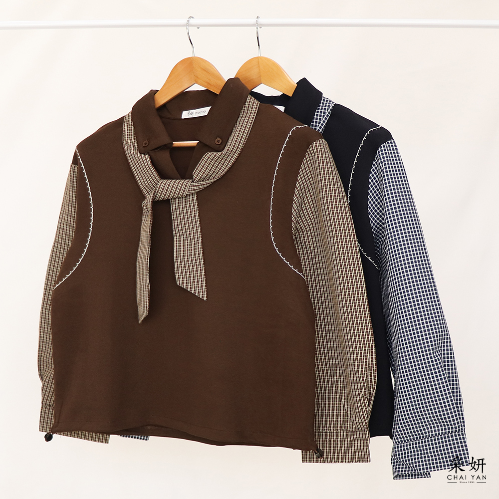 格子拼接袖小V翻領長袖上衣