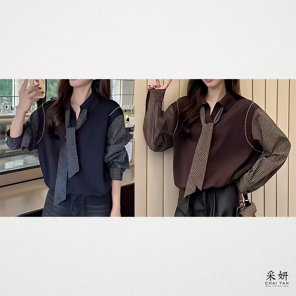 格子拼接袖小V翻領長袖上衣