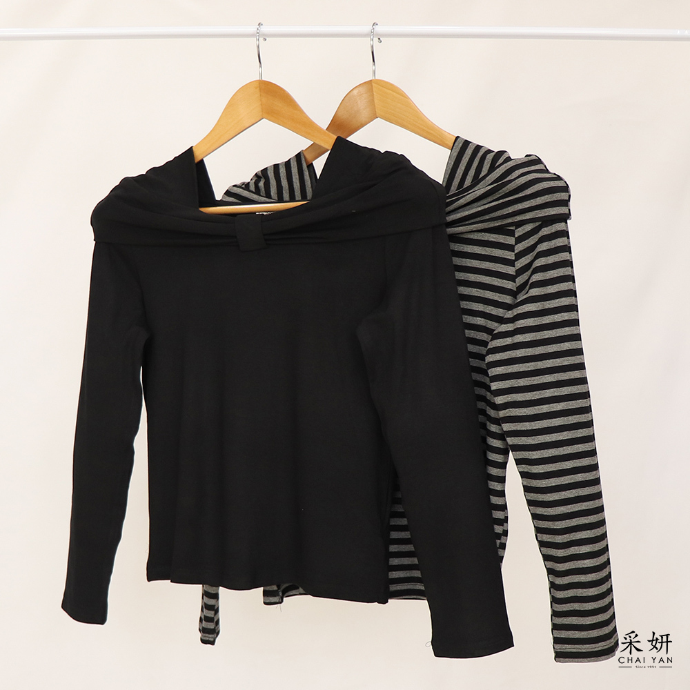 簡約風蝴蝶結方領長袖上衣