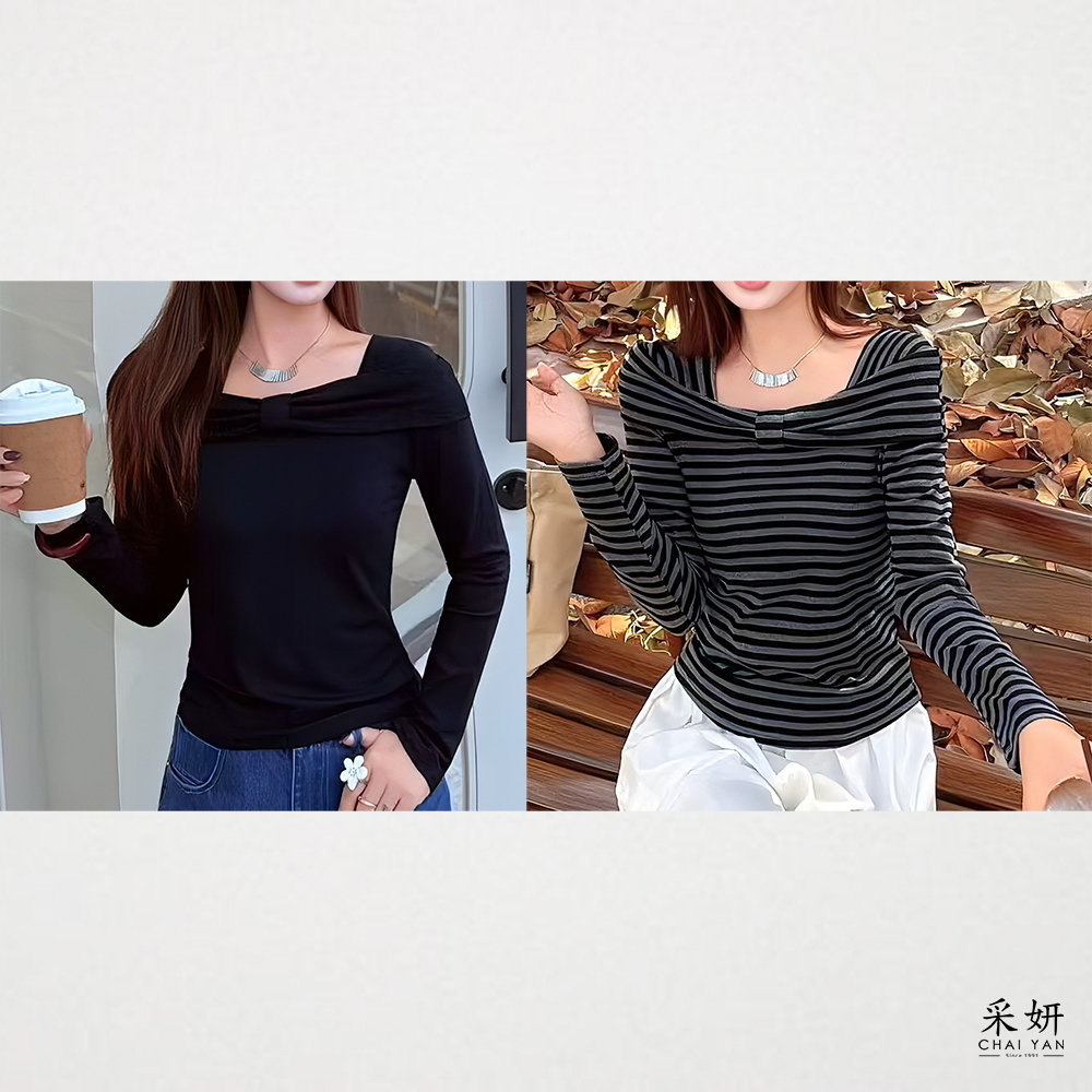 簡約風蝴蝶結方領長袖上衣