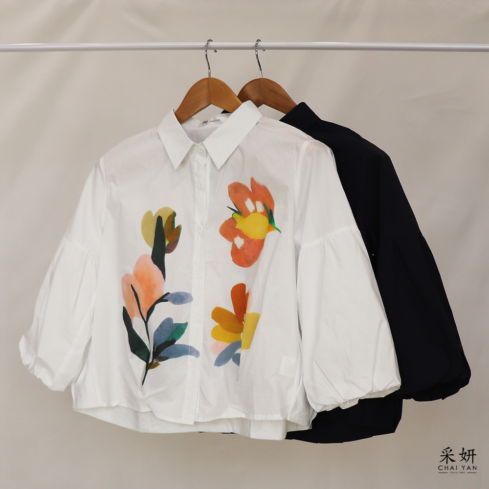 花朵印花襯衫九分袖上衣