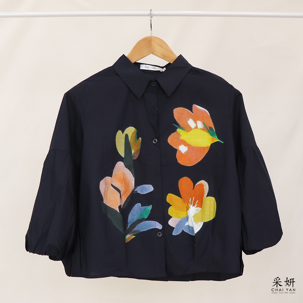 花朵印花襯衫九分袖上衣