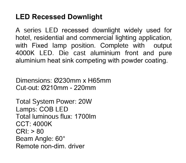THORN R3B0050 RECESS 20W 4000K 230MM (直徑) LED 不可調光筒燈