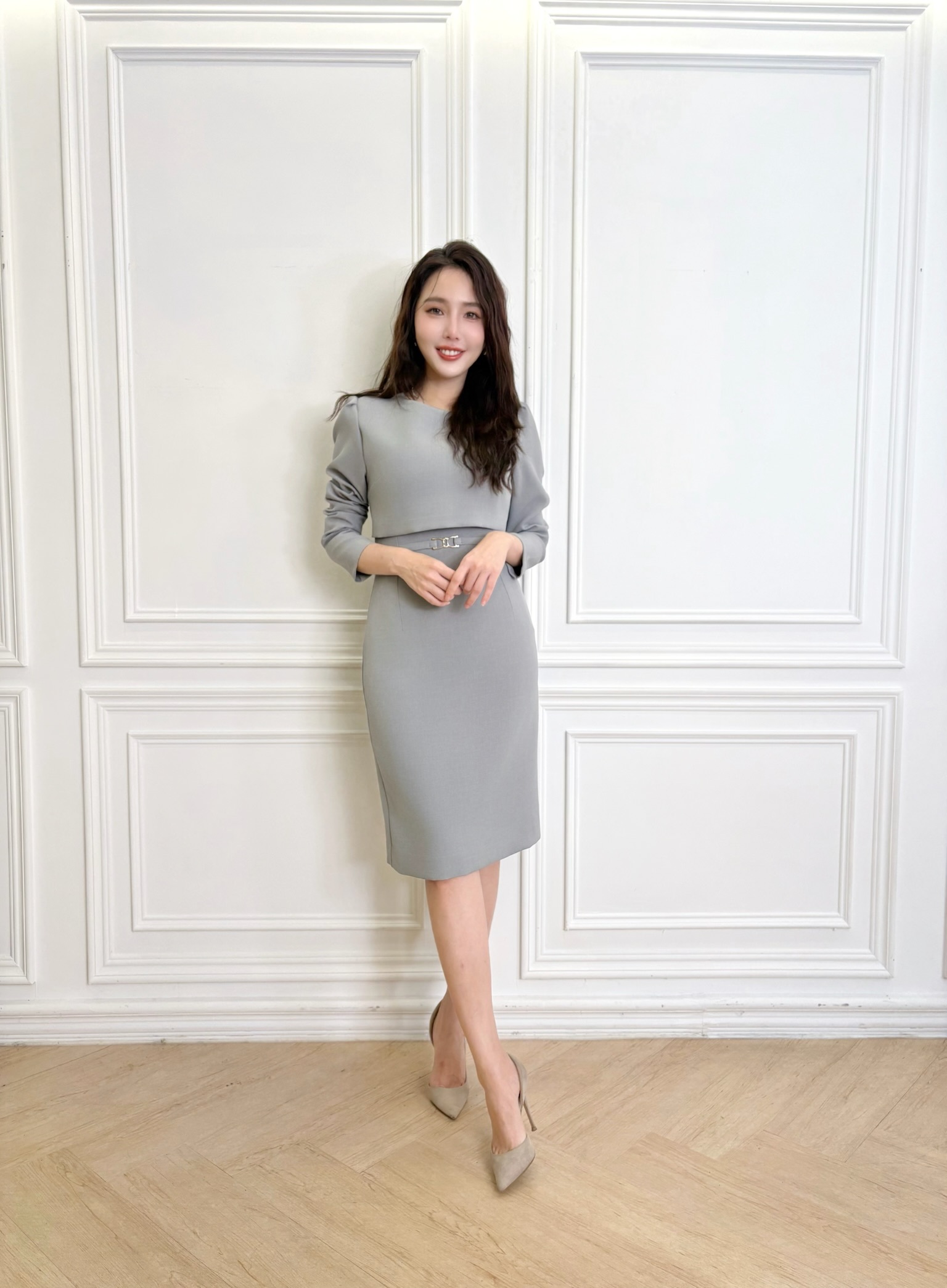 雙層腰帶長袖合身洋