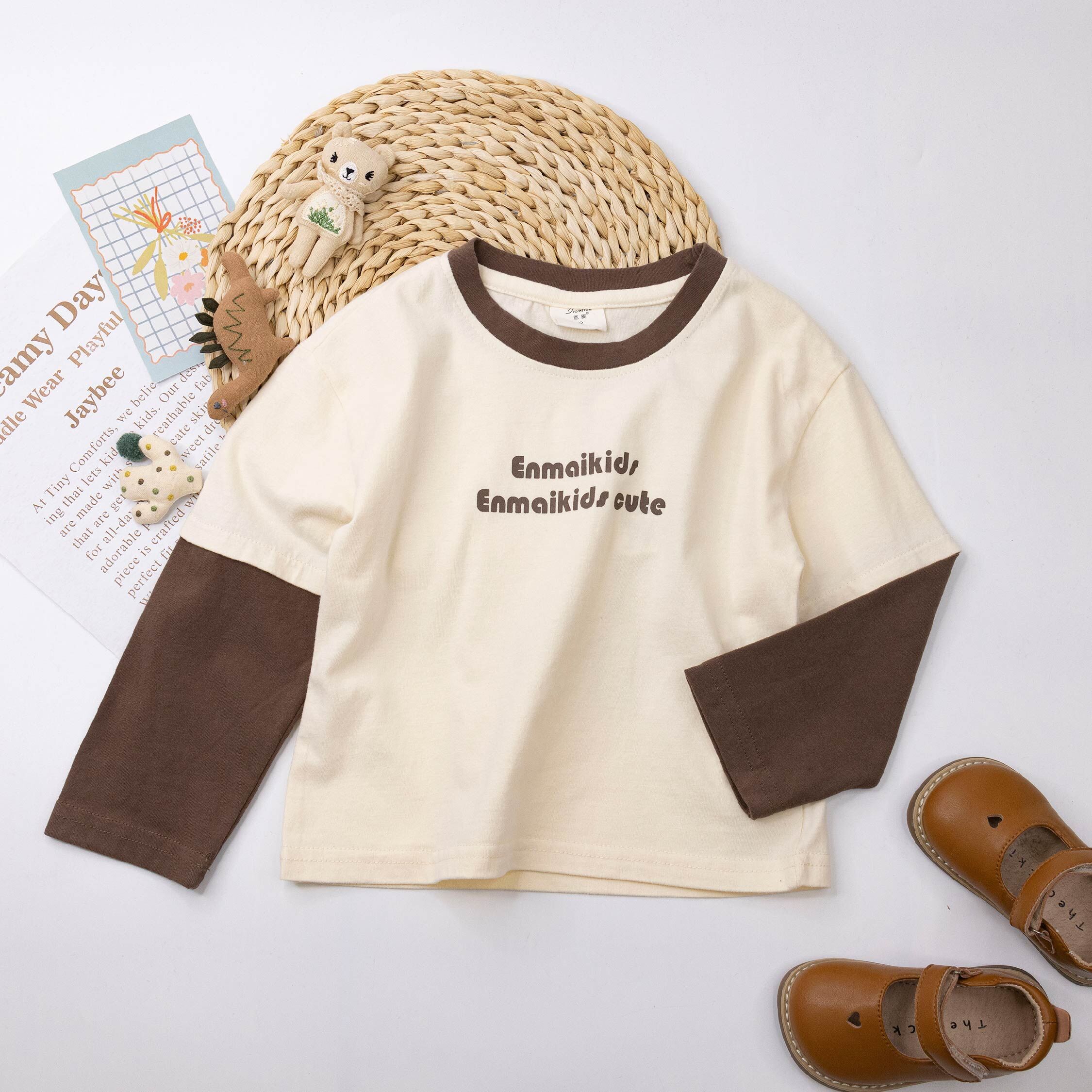 【H55565】英字撞色拼接袖上衣＊三色