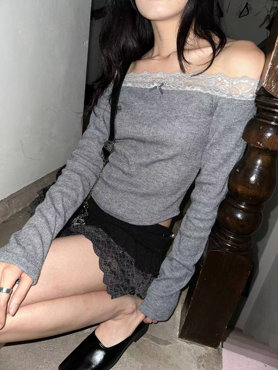 (現貨) KR RIBBON LACE KNIT OFF SHOULDER TOP (4 COLORS)