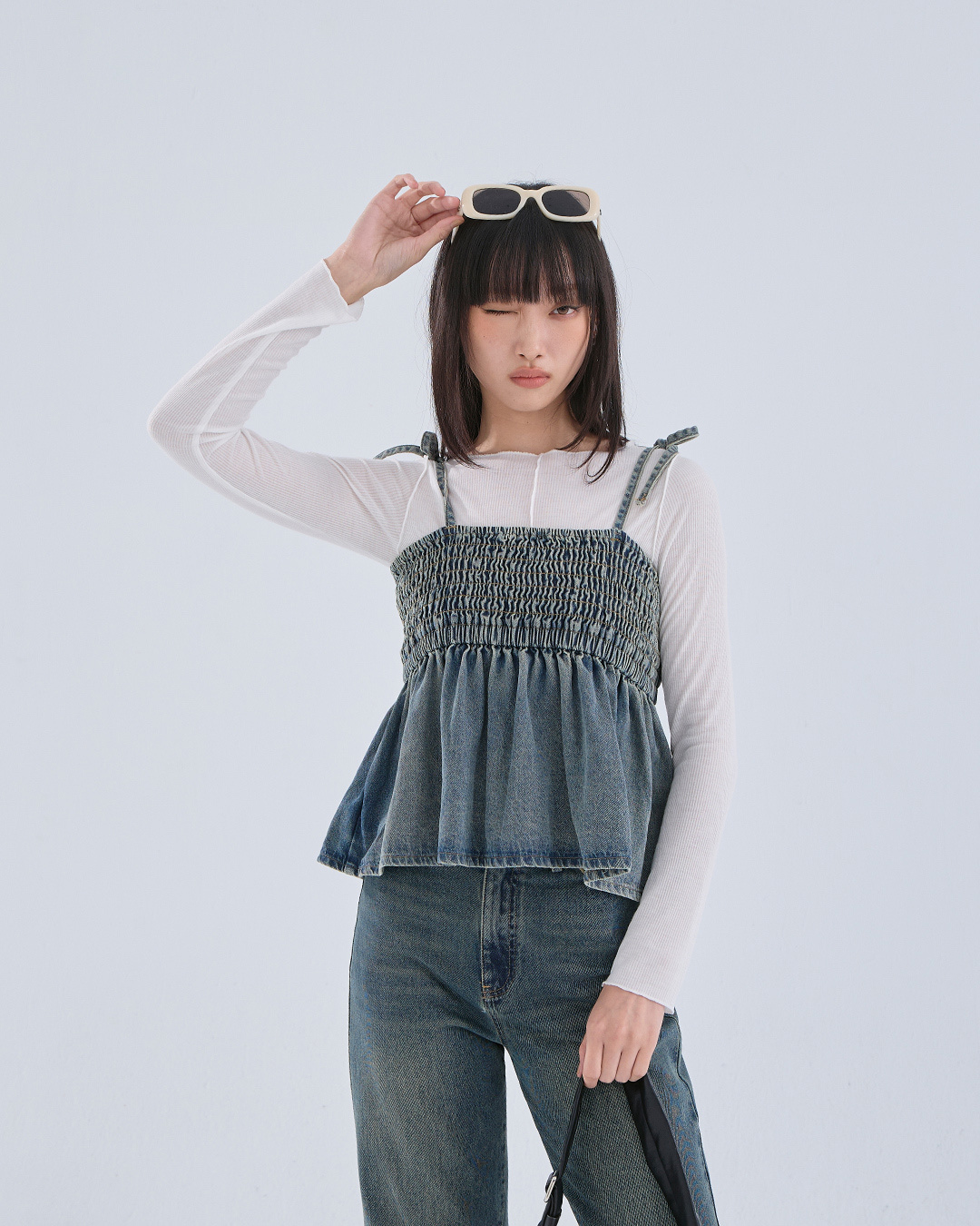 Denim vest with ruffled shoulders and ties【01099226】in stock+pre-order