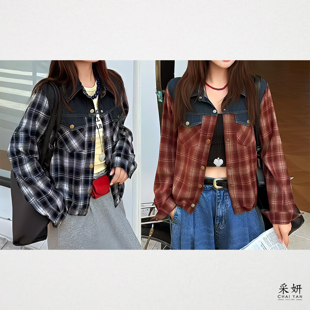 英倫格紋牛仔拼接襯衫外套