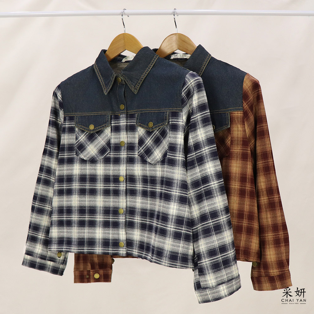 英倫格紋牛仔拼接襯衫外套