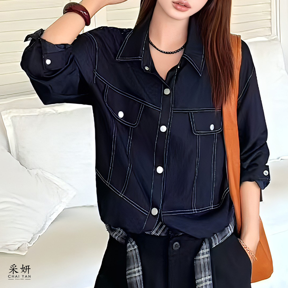 仿牛仔布跳色縫線襯衫外套