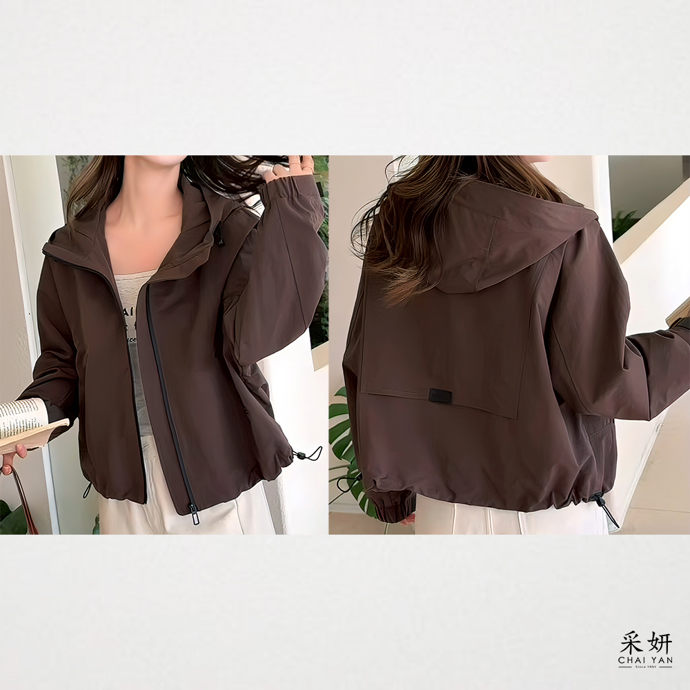 素色衝鋒抽繩連帽拉鍊外套