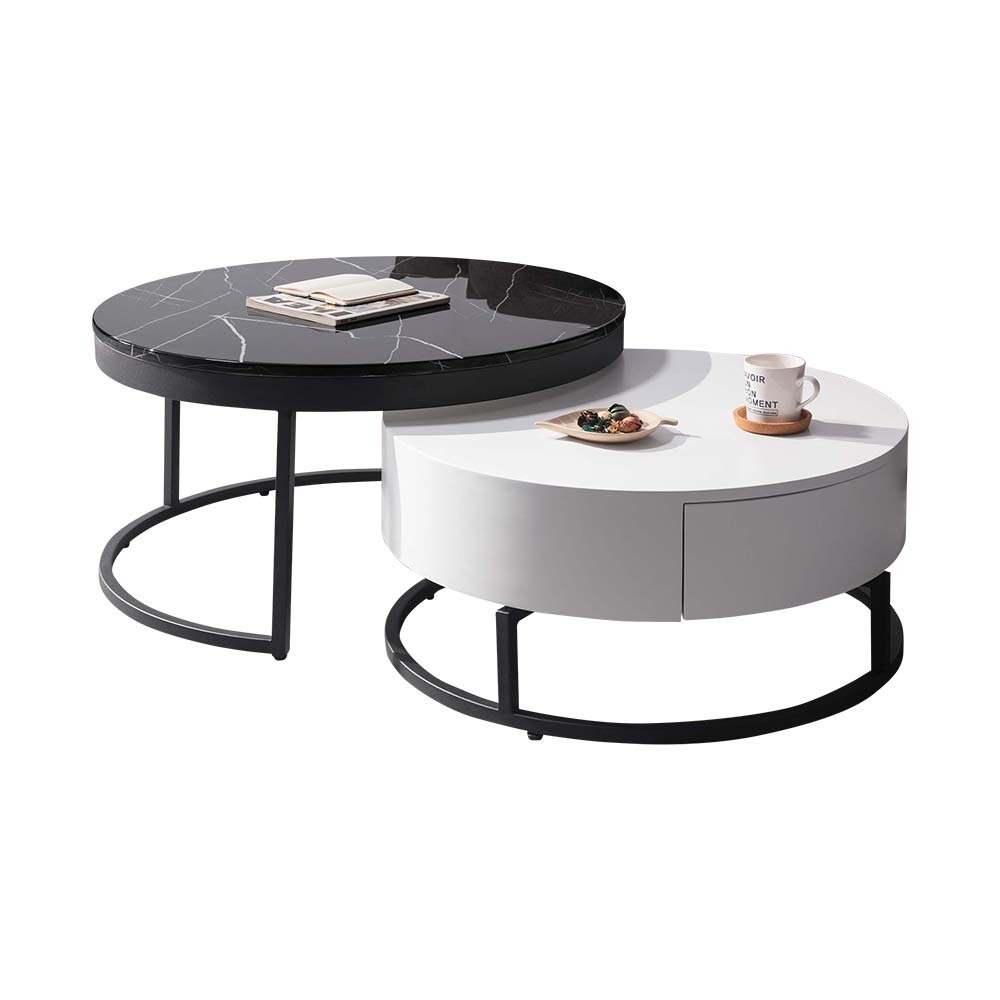 吉恩5尺工業風伸縮圓形黑色石面茶几組合(2.7尺大茶几+2.3尺小茶几)