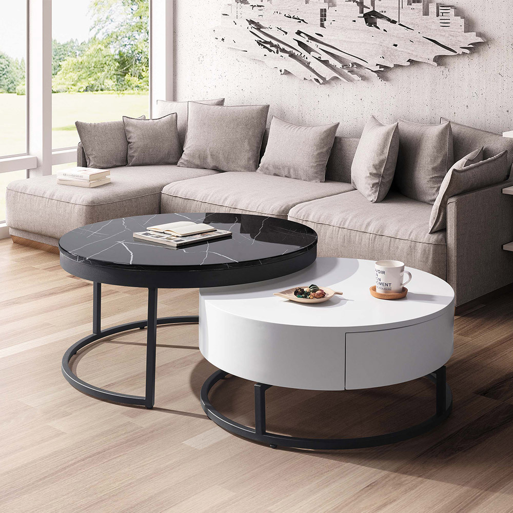 吉恩5尺工業風伸縮圓形黑色石面茶几組合(2.7尺大茶几+2.3尺小茶几)