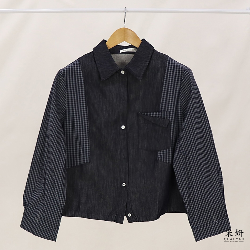 格紋布拼接牛仔襯衫外套
