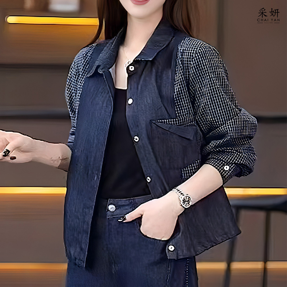 格紋布拼接牛仔襯衫外套