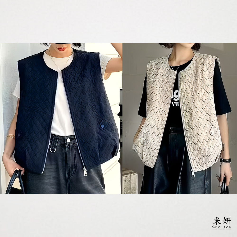 菱格紋跳色縫線拉鍊圓領背心