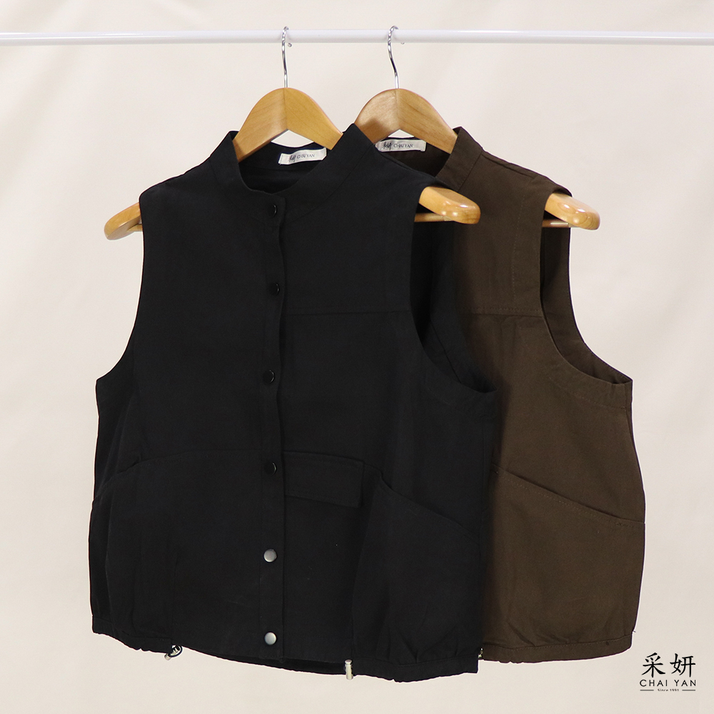 素色棉麻風鈕扣圓領背心