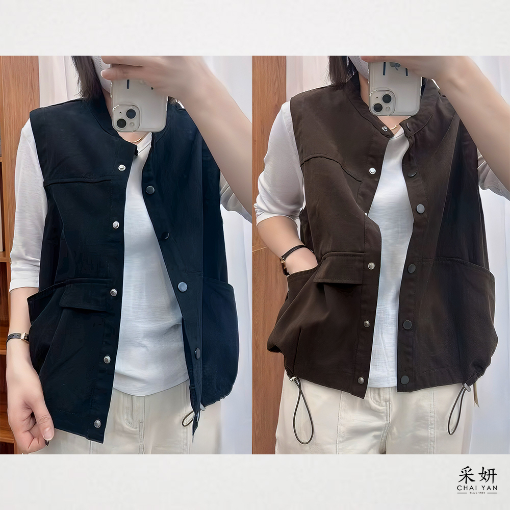 素色棉麻風鈕扣圓領背心