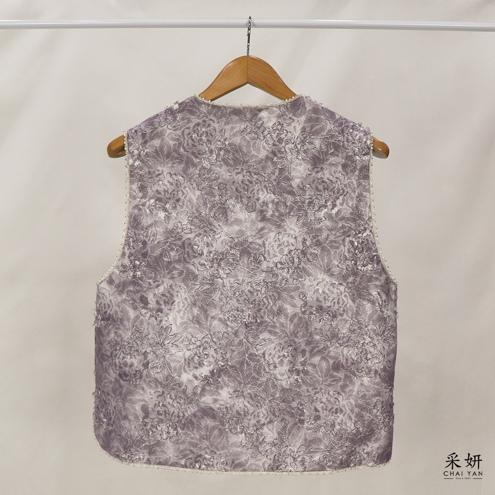 中國風抽絲花朵珍珠水晶排釦背心