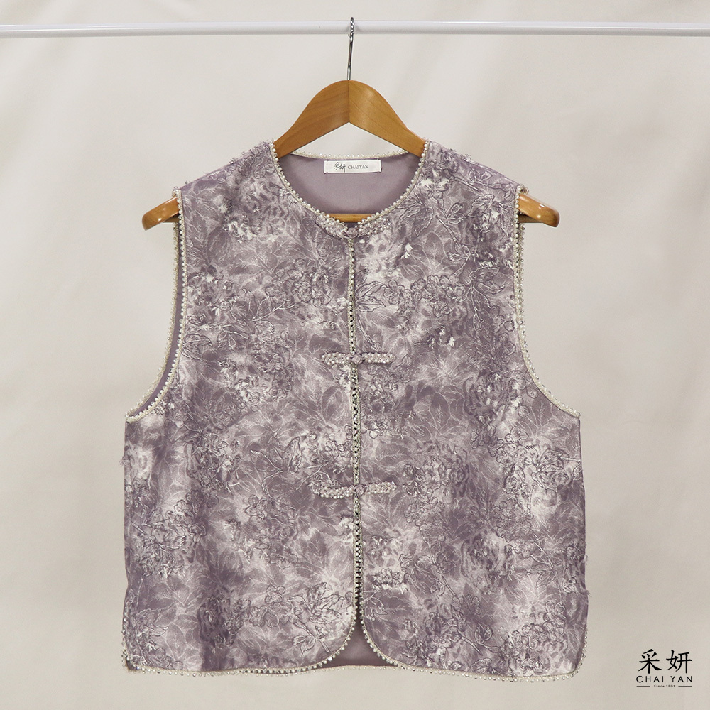 中國風抽絲花朵珍珠水晶排釦背心