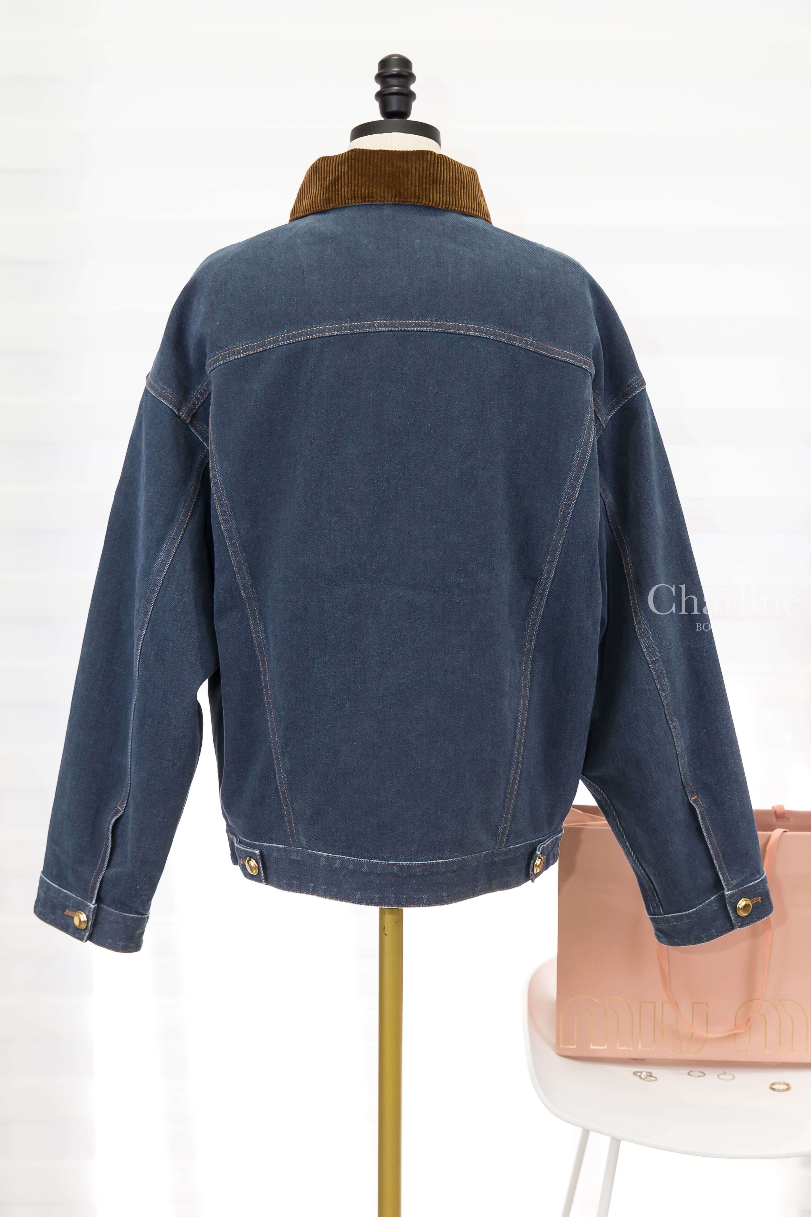 Miu Miu Flocked Denim And Velvet Blouson Jacket 海軍藍植絨丹寧拼咖啡色絲絨翻領刺繡字母金色圓釦棉質牛仔長袖外套-Charline Boutique 精品代購