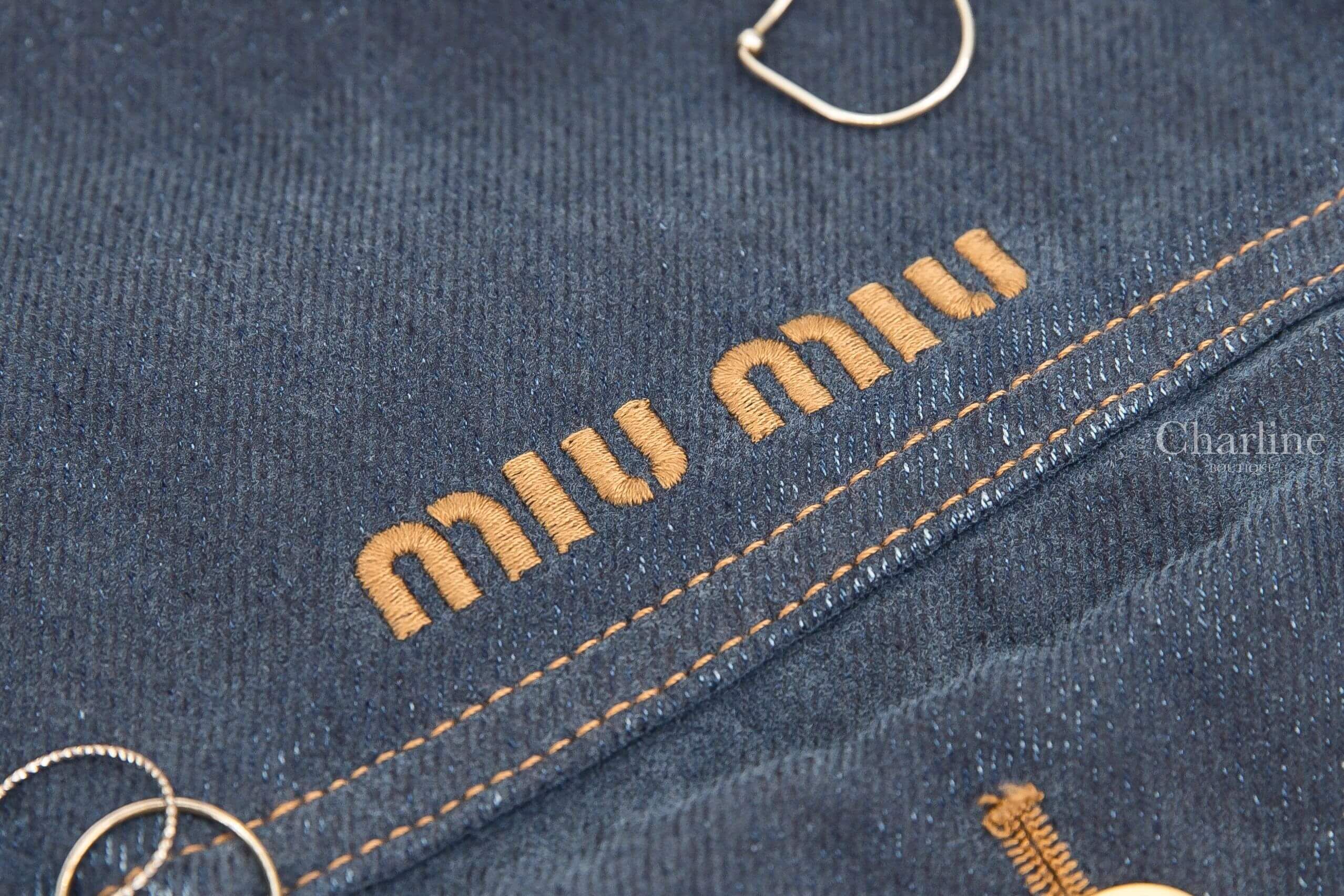 Miu Miu Flocked Denim And Velvet Blouson Jacket 海軍藍植絨丹寧拼咖啡色絲絨翻領刺繡字母金色圓釦棉質牛仔長袖外套