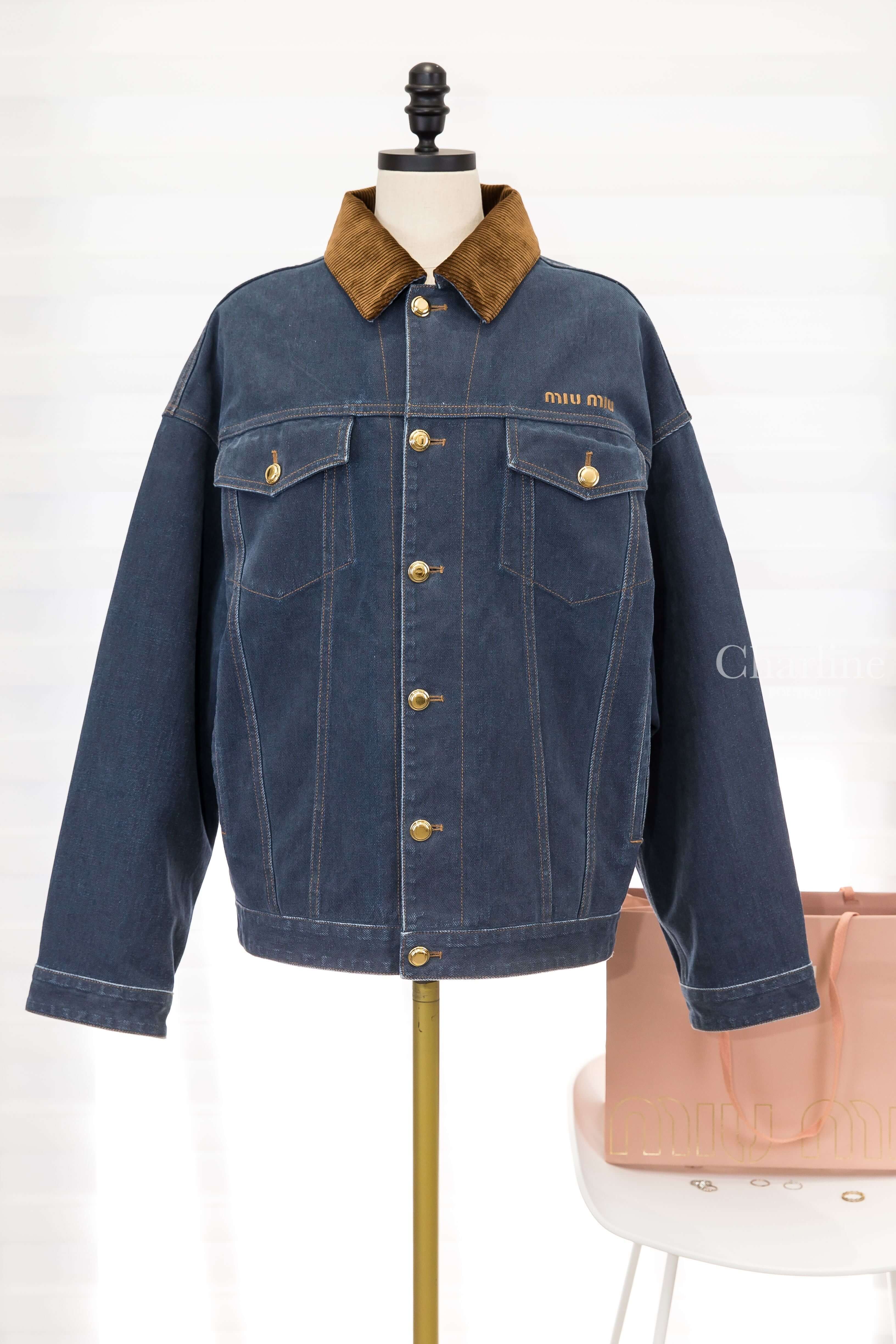 Miu Miu Flocked Denim And Velvet Blouson Jacket 海軍藍植絨丹寧拼咖啡色絲絨翻領刺繡字母金色圓釦棉質牛仔長袖外套
