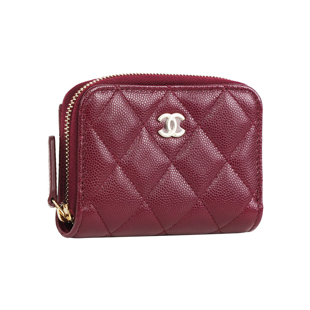 【CHANEL】淡金色CC Logo 荔枝牛皮ㄇ形拉鍊零錢包(酒紅色)