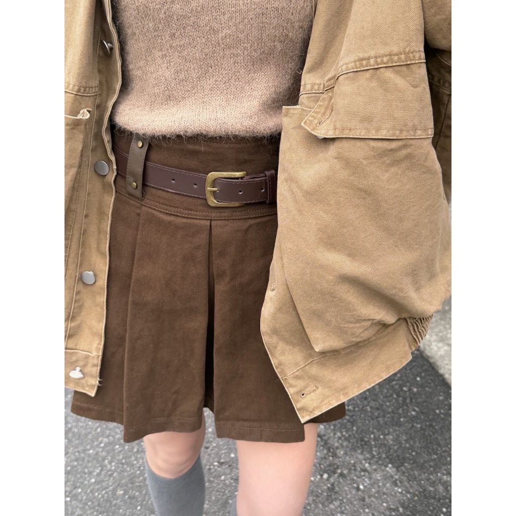 【imfine】皮革小細節 附皮帶百摺短裙 #4485