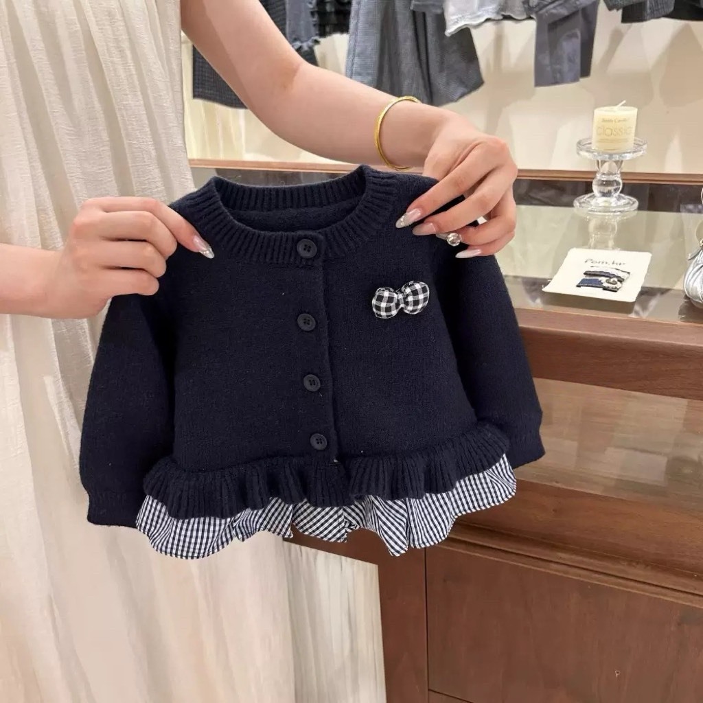 針織拼接藍格子外套