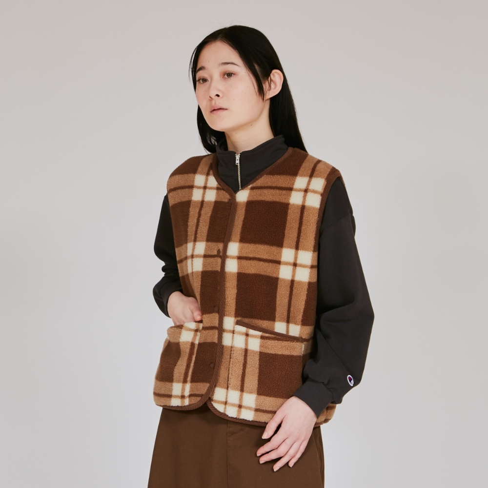 女款-CASUAL 格紋毛絨口袋背心-褐色（CW-C602-860）