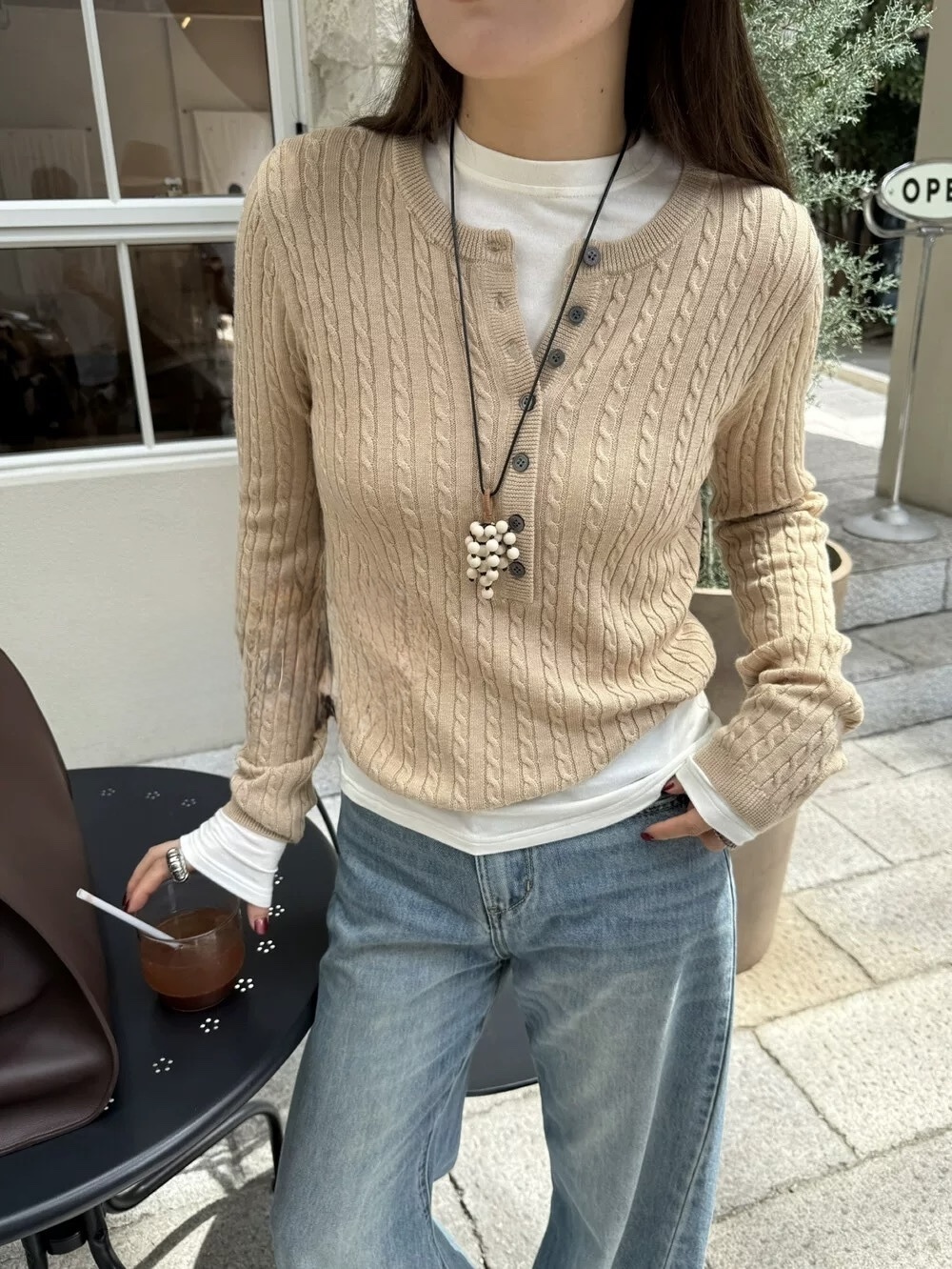 8776 亨利領麻花長袖上衣