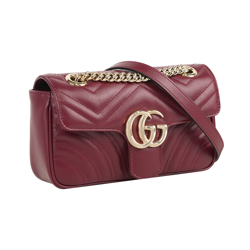 【GUCCI】GG Marmont 金字翻蓋肩背/斜背鏈包(小款)(酒紅色)