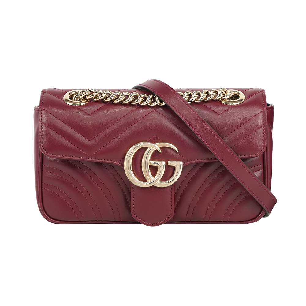 【GUCCI】GG Marmont 金字翻蓋肩背/斜背鏈包(小款)(酒紅色)