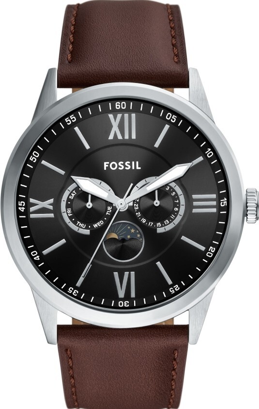 萬年鐘錶 - Fossil   經典月相星期日期顯示皮革款男錶 BQM7086  錶徑48MM