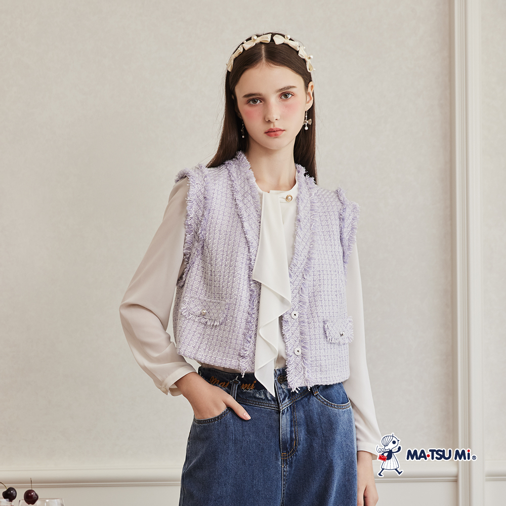 MA‧TSU Mi 優雅不對稱垂墜領結珍珠釦雪紡上衣(粉紫.米白)