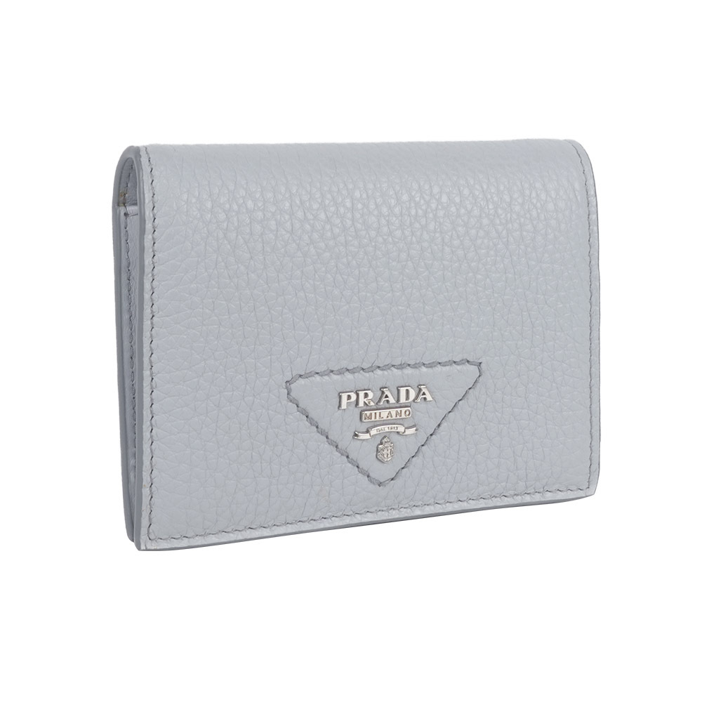 【Prada】縫線三角Logo 牛皮二折零錢袋短夾(矢車菊藍)